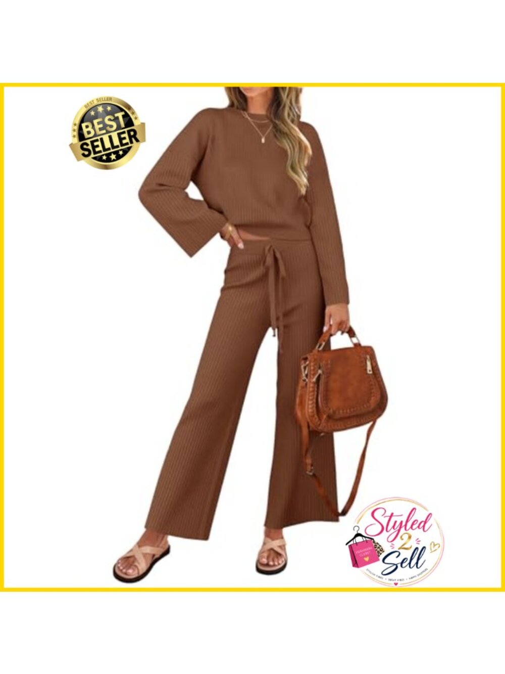 2 Piece Knit Sweater Set Cropped Pullover Wide Leg Pants Lounge Outfit